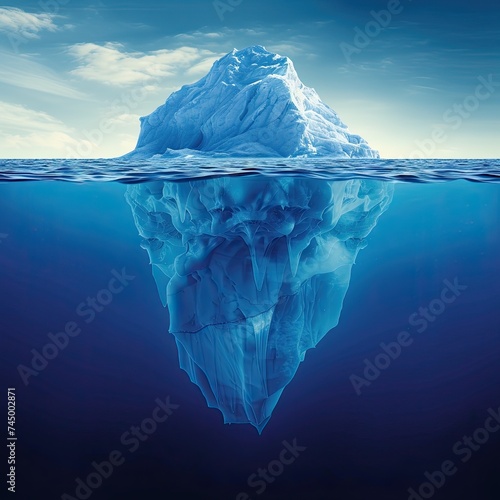 An iceberg in clear blue water and a hidden danger underwater. The iceberg is a hidden danger and the concept of global warming. Copyspace.