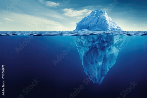 The iceberg is a hidden danger and the concept of global warming. Floating ice in the ocean. A copy space for text and design.
