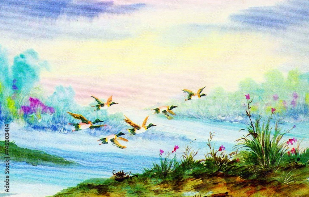 art of watercolor painting as a background Teal flying over the canal