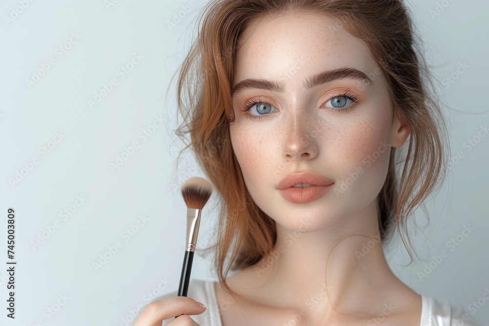 Elegant makeup application scene, young model with a beauty brush enhancing her flawless skin
