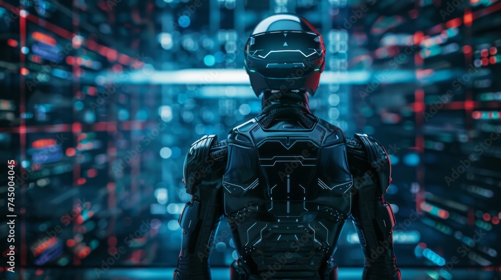 Futuristic cyber warrior standing guard over a network symbolizing active defense against cyber threats Futuristic cyber warrior standing guard over a network symbolizing active defense against cyber threats