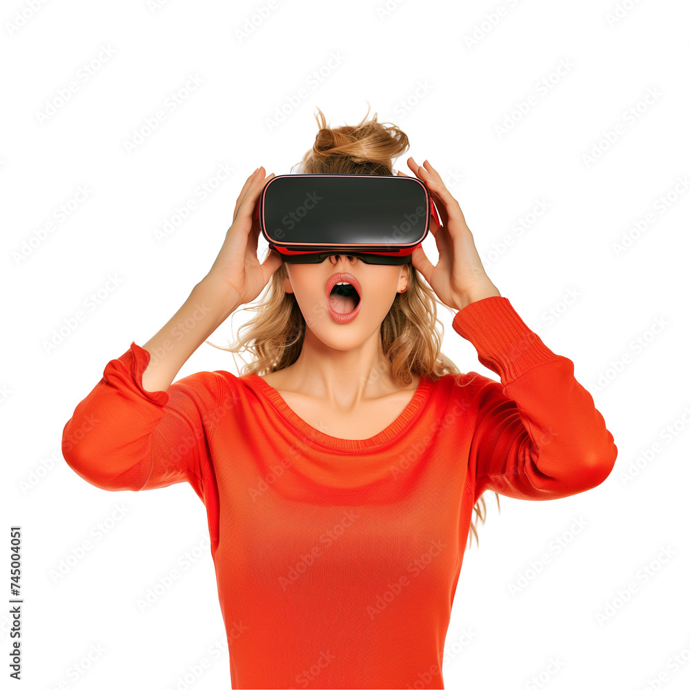 Woman enjoy using virtual reality glasses. The reactions are exciting and fun. PNG Woman enjoy using virtual reality glasses. The reactions are exciting and fun. PNG