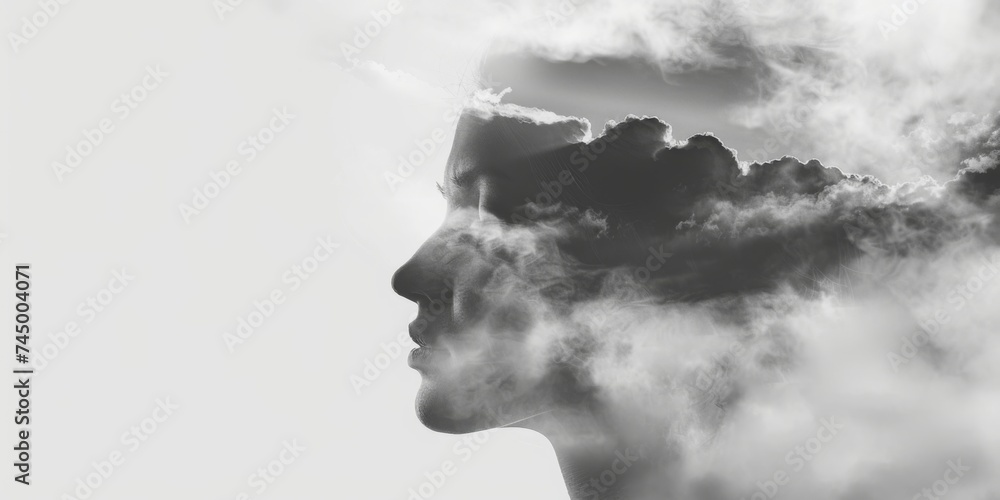 Human head profile with fog swirling around transitioning into clear skies symbolizing overcoming mental blocks