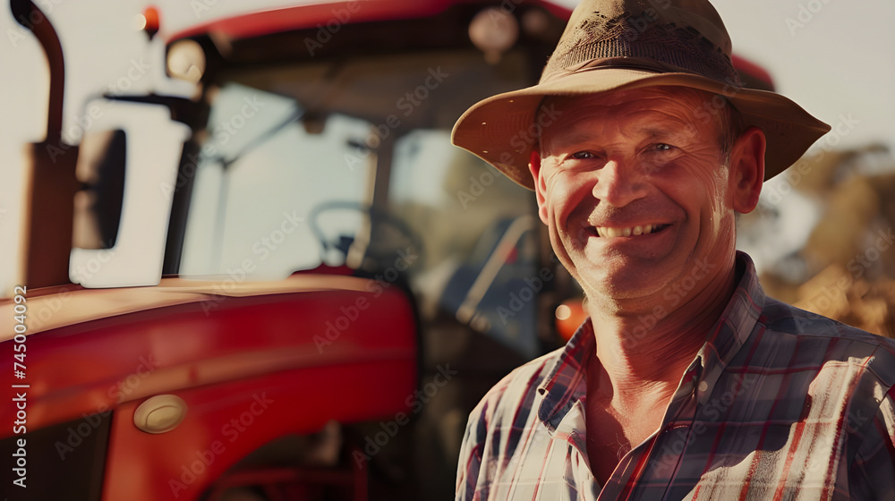 Farmer standing in front of his red tractor. Farmer working on his farm ...