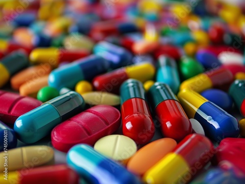 Close up on a colorful spread of pills and capsules emphasizing the variety in pharmaceutical healthcare