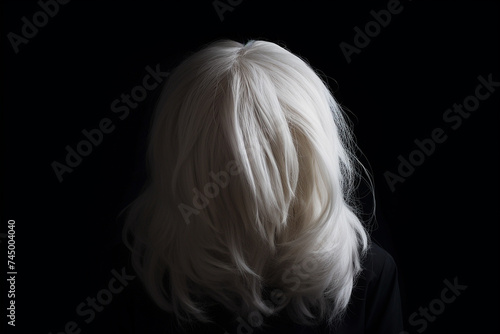 Fashion, make-up, hairstyle and horror concept. Woman fully covering her face with white hair in black background with copy space. Minimalist style