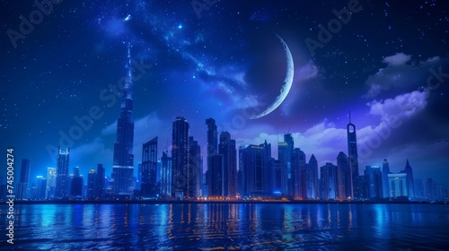 Futuristic City Skyline at Night with Reflective Water and Crescent ramadan Moon © pkproject