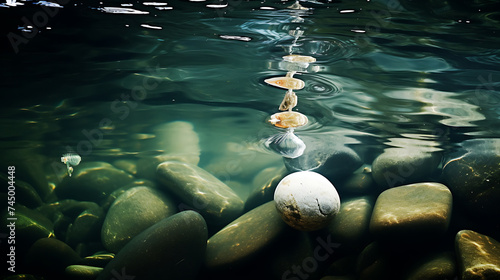 Show me stones under the water's surface, creating a mysterious effect.