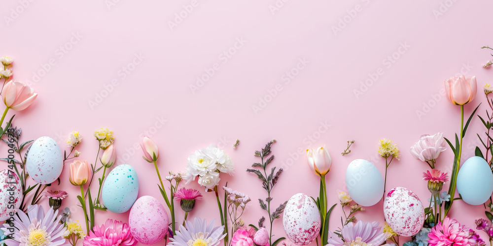 Flowers and Easter eggs on a pastel background.