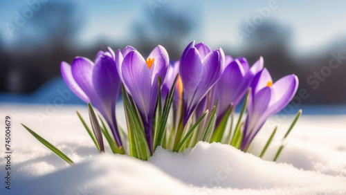 Banner, close-up of a purple crocus in the snow. Side view. © Marina David