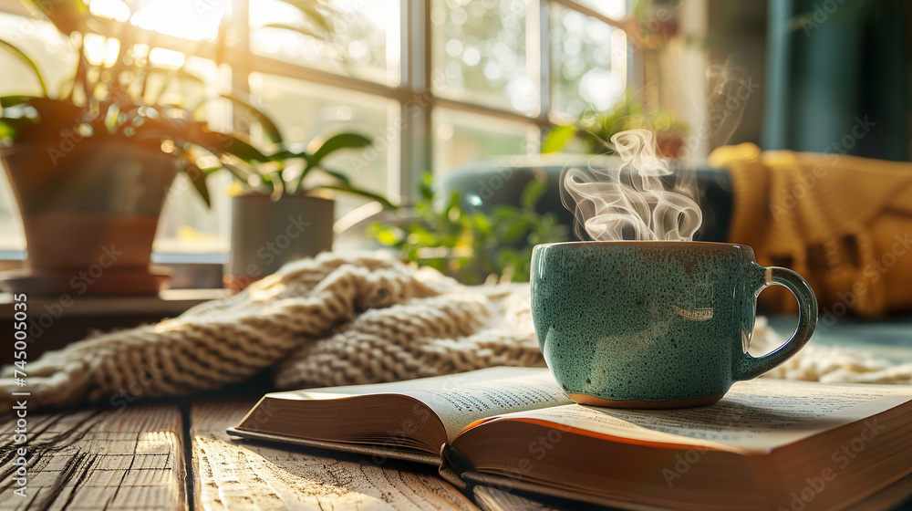 Steaming cup of coffee rests on an open book in a warmly lit, cozy indoor setting - obrazy, fototapety, plakaty 