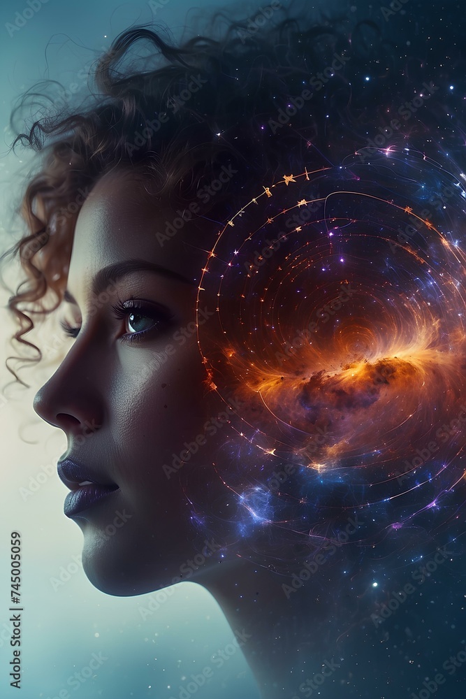 Surreal Woman Portrait with Colorful Universe Background, Double Exposure Art