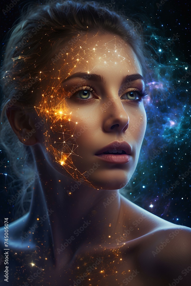 Surreal Woman Portrait with Colorful Universe Background, Double Exposure Art