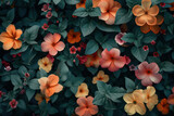 A lush bed of orange and pink hibiscus flowers intermingled with rich green leaves