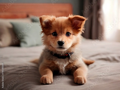 Cute, charming puppy on the bed