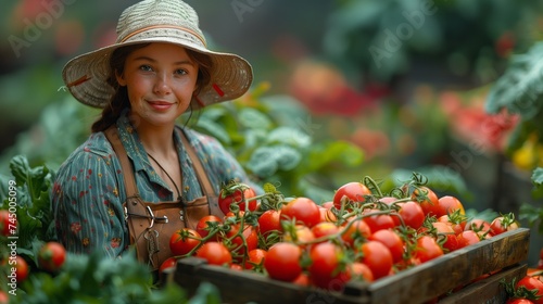 A woman wearing a sun hat is smiling as she holds a crate of cherry tomatoes in a garden. The fresh fruits are natural ingredients for delicious food