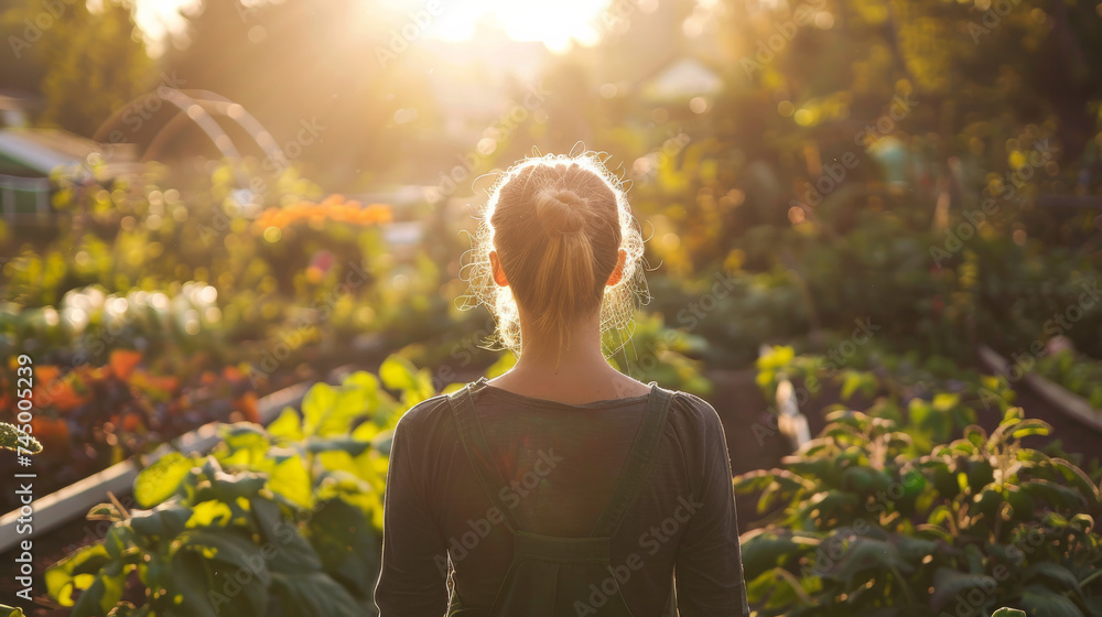 Young blonde woman in her vegetable garden , enjoying the view of nature and growth of her own natural organic products in her backyard - obrazy, fototapety, plakaty 