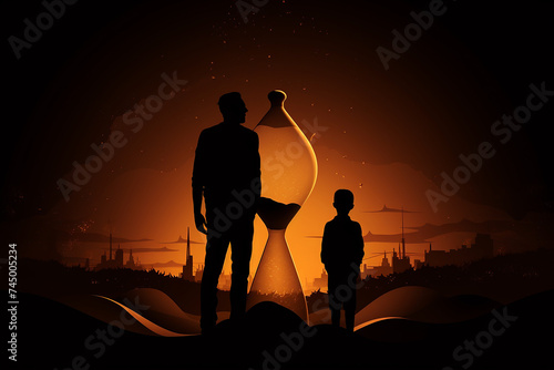 Abstract concept of time passing by. Father and son dark silhouettes in abstract hourglass surreal background. Turn back time concept. Melancholic mood