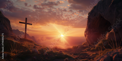 The cross on the mountain in the rays of the rising sun. photo