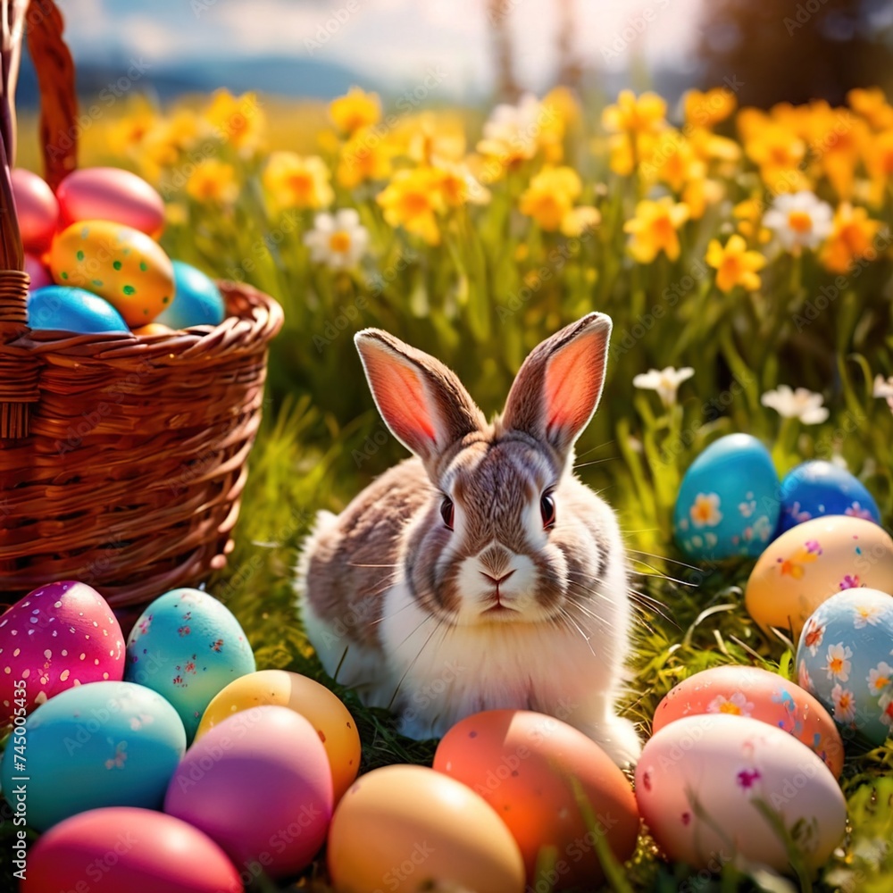 Cute bunny rabbit with colorful easter eggs, traditional easter spring tradition
