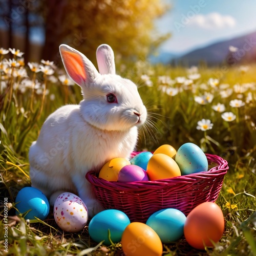 Cute bunny rabbit with colorful easter eggs  traditional easter spring tradition