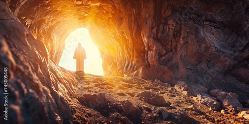 The resurrected Jesus Christ standing at the exit from the tomb.