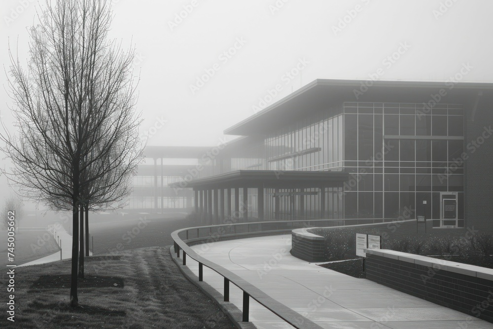 Obraz premium On a misty morning, the school emerges mysteriously, embodying the path to knowledge and growth.