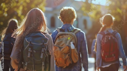 High school students, backpacks in tow, stride toward the school, the blurred building behind heralding a new day.