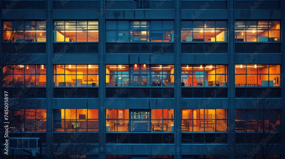 Evening lights of a high school building, windows glowing, show dedication to learning beyond hours.