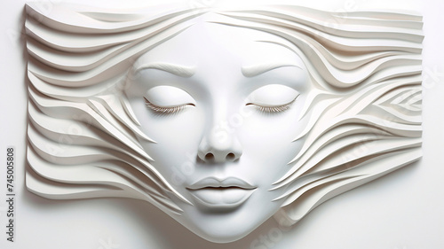 Close-up of a woman's face, 3D bas-relief, modeling, sculpture, relief sculpture. Cosmetology. Plastic surgery. Rejuvenation. Women's beauty and health. Mask