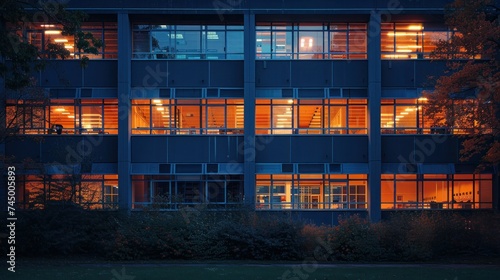 The high school building's evening lights, glowing windows show dedication to learning past hours.