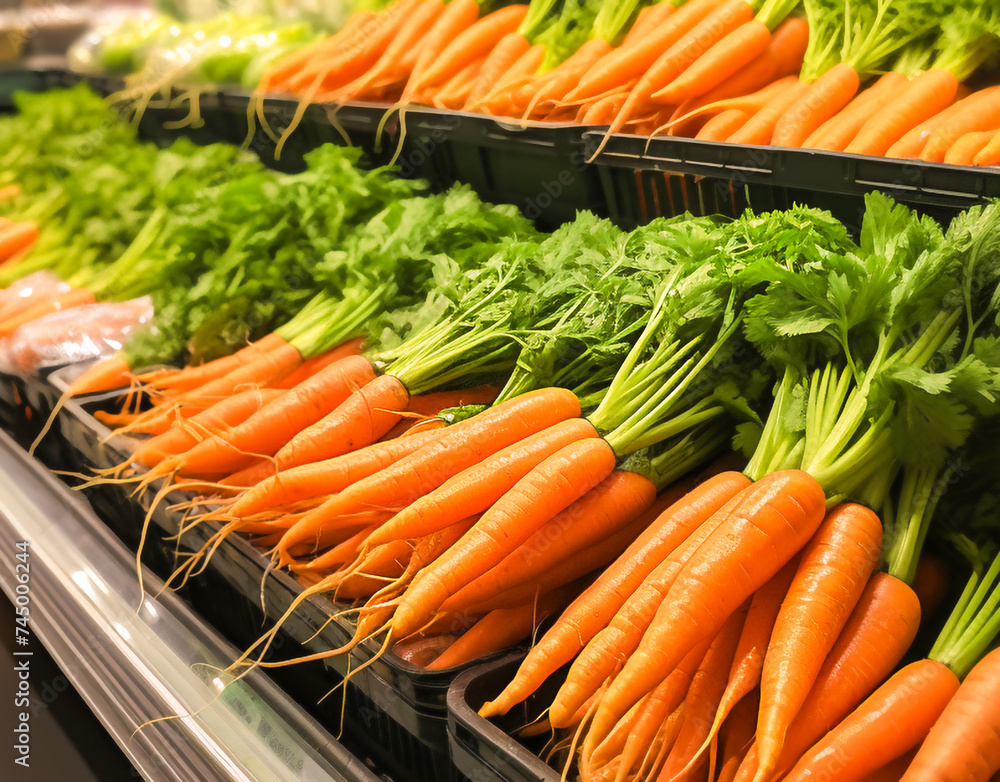 A pile of beautiful carrots on a counter of store shelves.