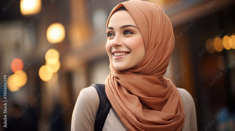 Close-up portrait of beautiful muslim woman in beige hijab on downtown urban background. Close-up portrait of beautiful muslim woman in beige hijab on downtown urban background.