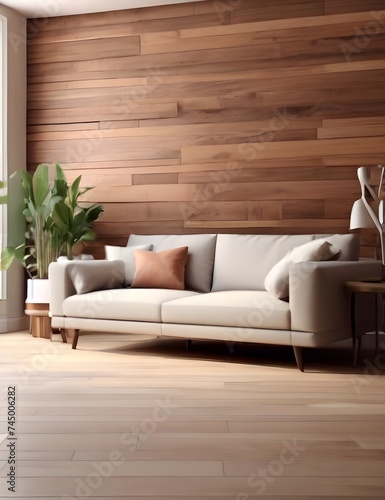 stylish living room interior with wooden floor brick. modern living room. seamless looping overlay 4k virtual video animation background Generative AI © Mirza