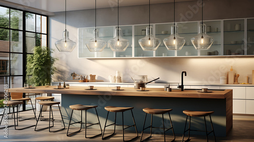 An image of an open-plan kitchen with a glass backsplash and pendant lights. photo
