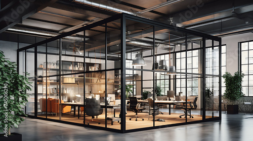 An image of an urban office with steel-framed windows and glass partitions. © Muhammad
