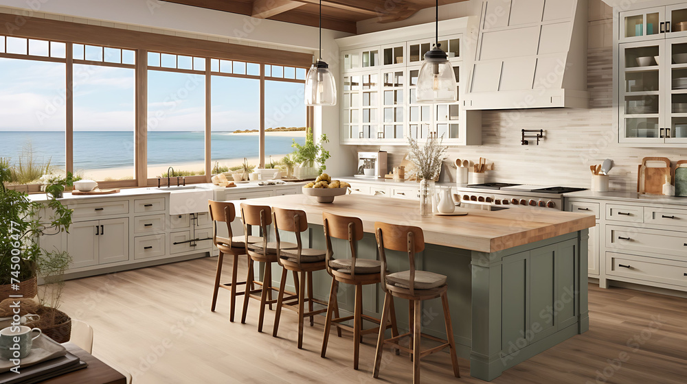 An image of a coastal kitchen with large windows and beach-themed decor.