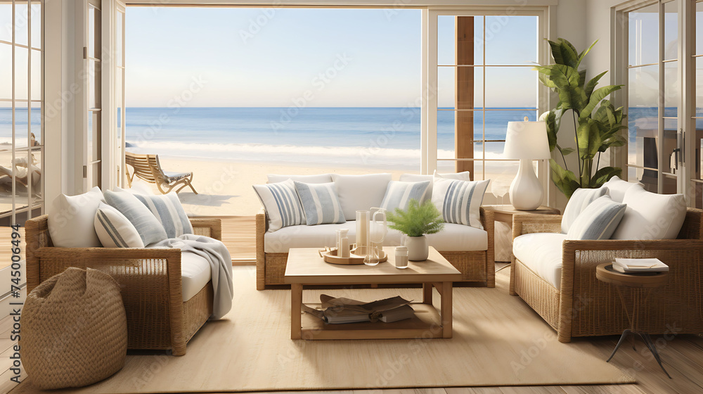 An image of a coastal living room with large sliding glass doors and beach-themed decor.