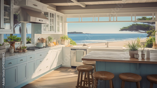 An image of a coastal kitchen with large windows and beach-themed decor. © Muhammad