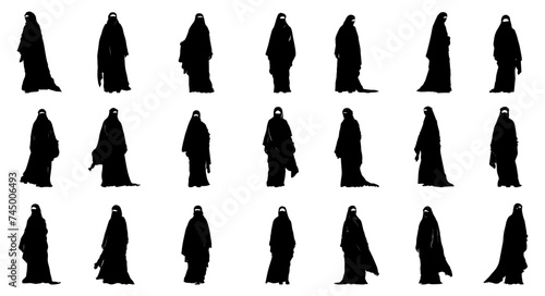 set of silhouette of arabic woman. islamic muslim lady standing. arab culture clothes. thobe, thawb kandura ghutra agal.