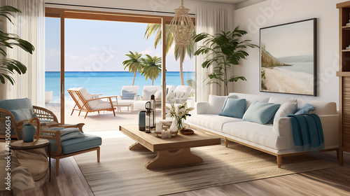 An image of a coastal living room with large sliding glass doors and beach-themed decor. © Muhammad