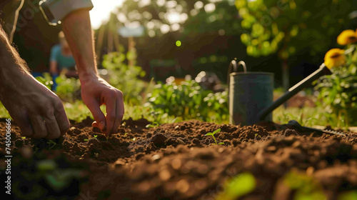 A close-up scene of hands gently planting a seed in fertile soil in the morning. The background is a tranquil garden with watering can. Represent the act of hope and commitment to the environment.