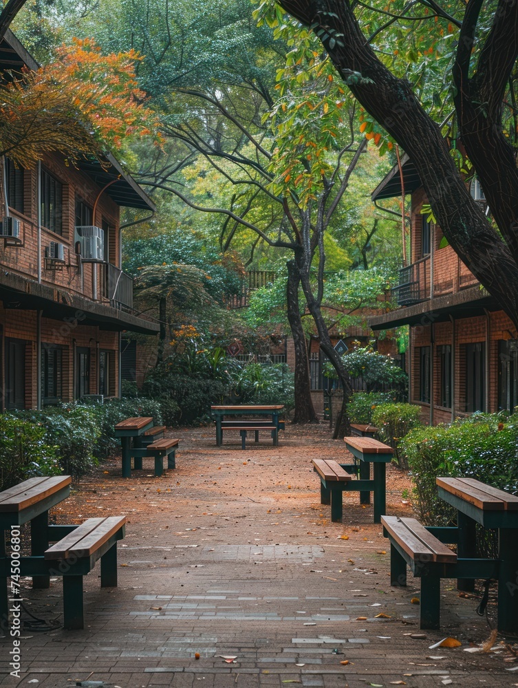 Quiet courtyard inside a high school campus, benches and trees providing a serene study area, with the school buildings encircling the space.