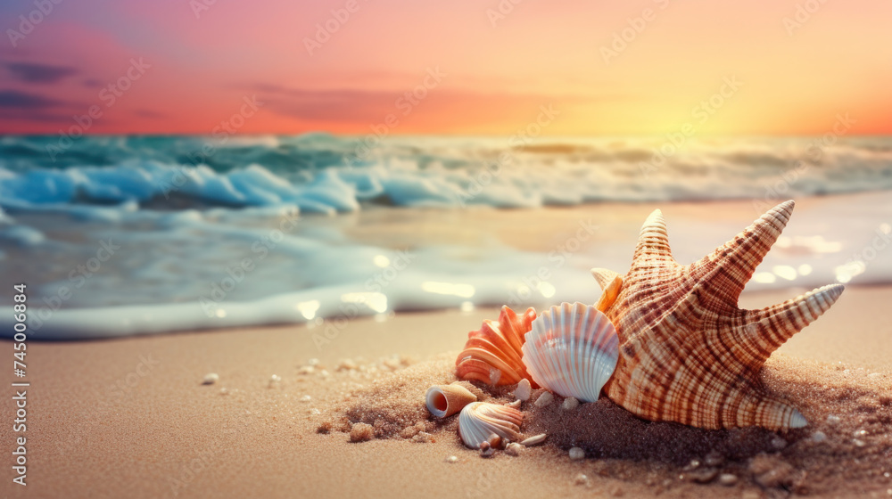 Seashell on the summer beach in sea water. Summer background. Summer time.