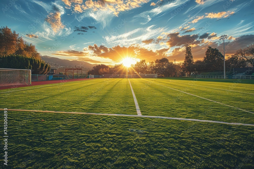 High school sports field at sunset, the goalposts casting long shadows, symbolizing teamwork and the extracurricular aspect of school life. - obrazy, fototapety, plakaty 