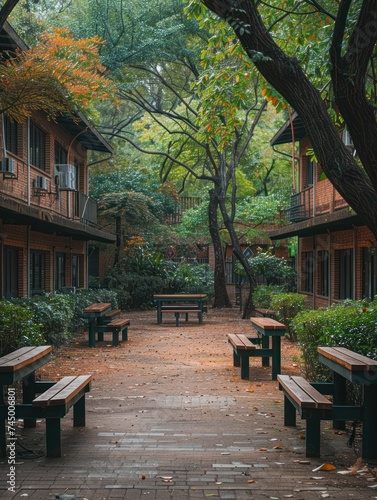 Quiet courtyard inside a high school campus  benches and trees providing a serene study area  with the school buildings encircling the space.