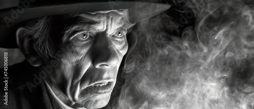 The face of a man with a surprised look surrounded by religious smoke. Generated AI