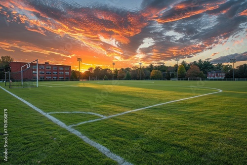In the fading light, goalposts' shadows on the high school sports field signify unity and school life beyond classes.