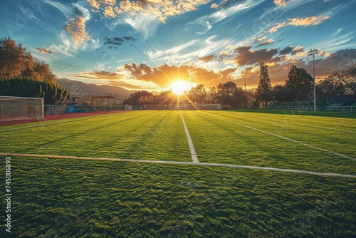 High school sports field at sunset, the goalposts casting long shadows, symbolizing teamwork and the extracurricular aspect of school life.