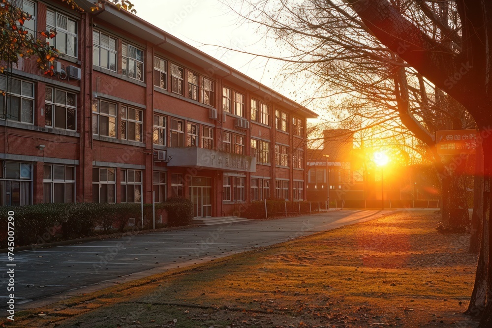 The warm light of the sunrise bathes the middle school building, symbolizing hope and the start of students' educational journey.